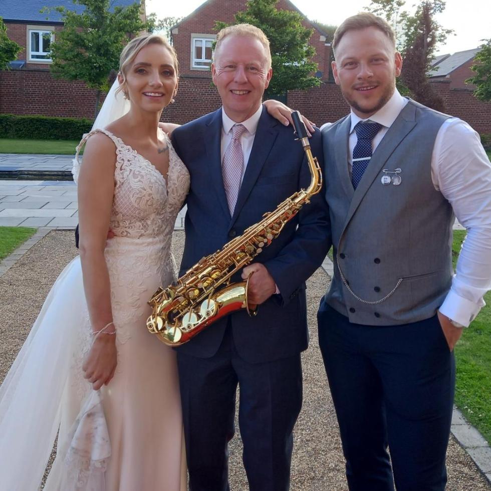 With one happy couple, after my sets at their Evening Reception